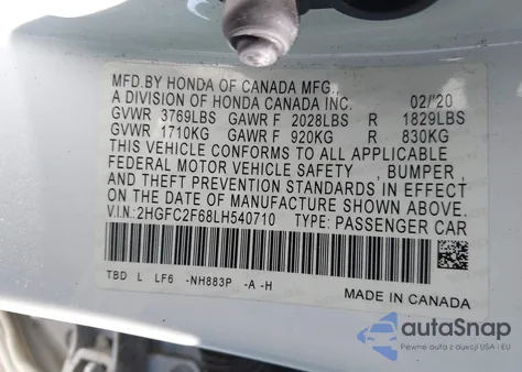 2020 Honda Civic Lx z USA, uszkodzony, nr VIN 2HGFC2F68LH540710